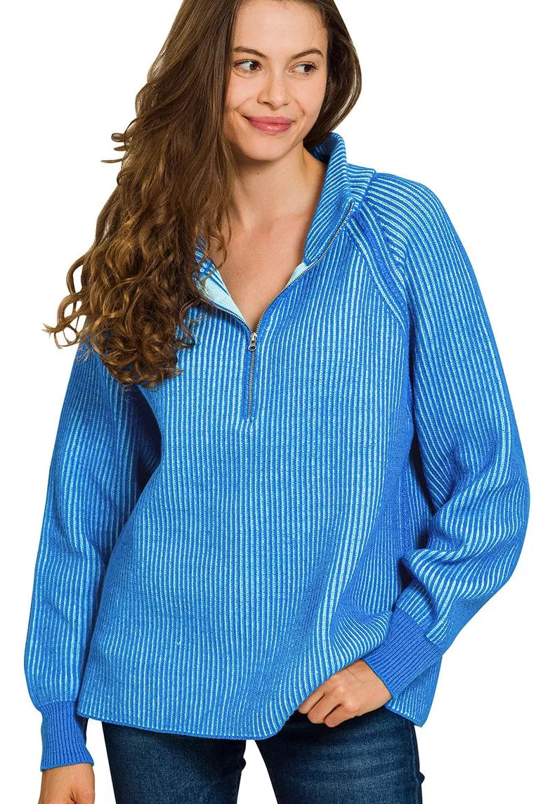 Zenana Ribbed Two Tone Half Zip Sweater in Ocean Blue/Sky Blue