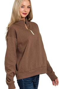 Zenana Quarter Zip Fleece Sweatshirt and Sweatpants in Brown