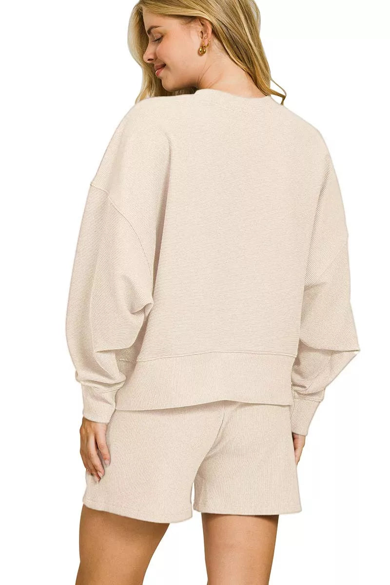 Ribbed Round Neck Pullover and Shorts Set in Sand Beige
