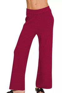 Sweater Knit Short Sleeve Top & Pants Set in Cabernet