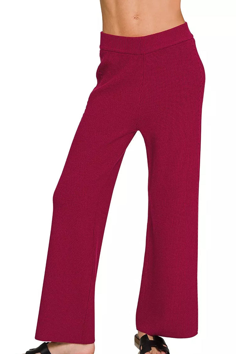 Sweater Knit Short Sleeve Top & Pants Set in Cabernet