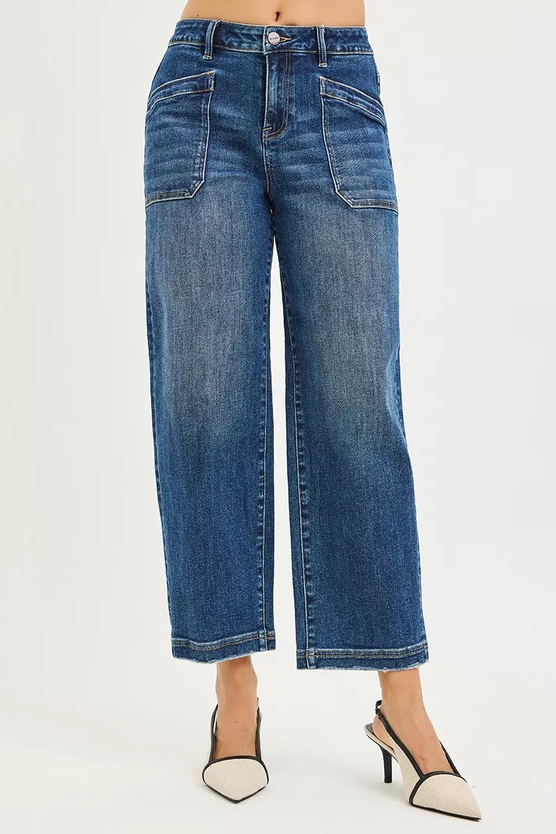 Risen Mid Rise Slouchy Cropped Baggy Patch Pocket Jeans