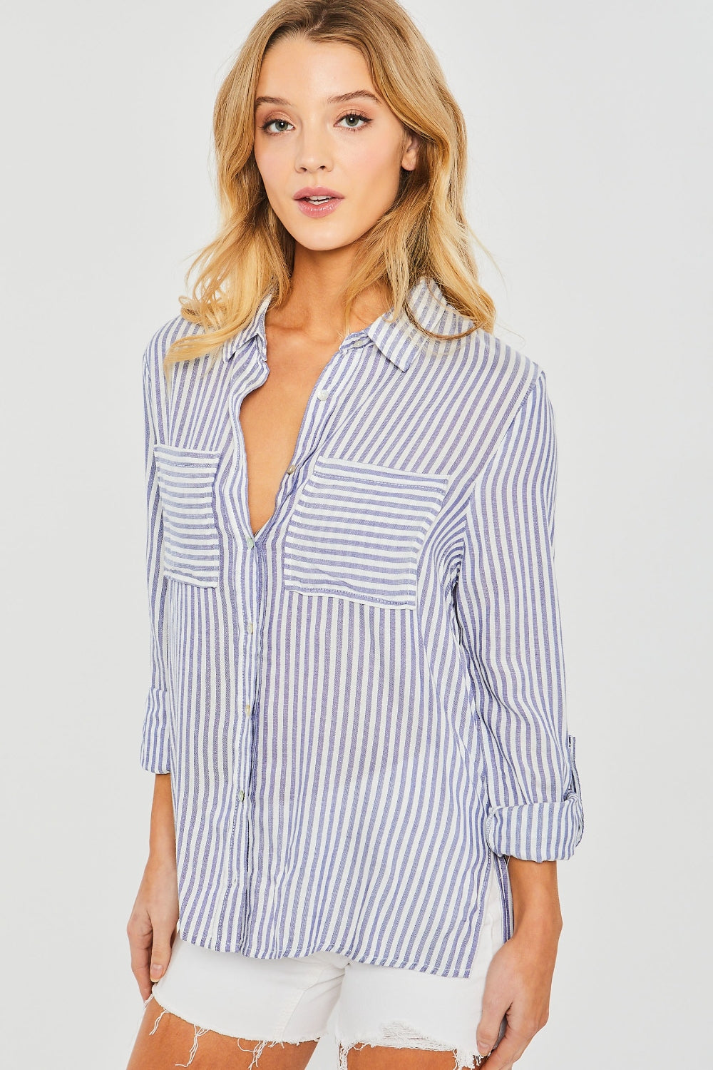 Striped Roll Up Sleeve Button Down Long Sleeve Shirt