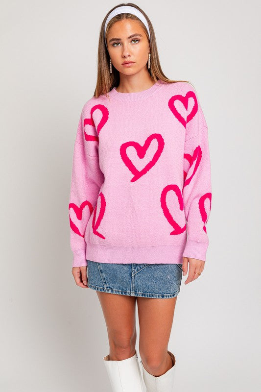 Love You Long Sleeve Round Neck Heart Printed Sweater