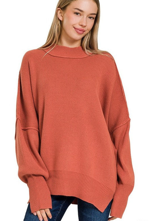 Slouchy Side Slit Oversized Sweater - Rust