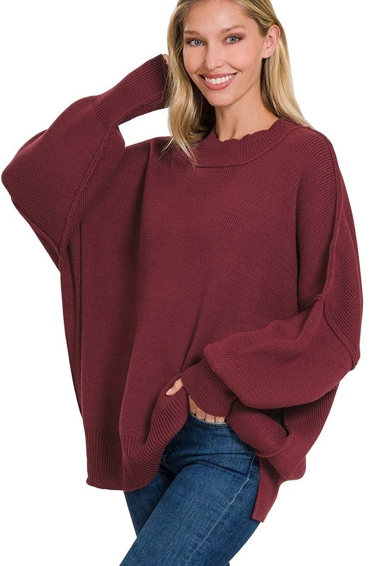Zenana Classic & Carefree Side Slit Oversized Sweater TW-3424X5