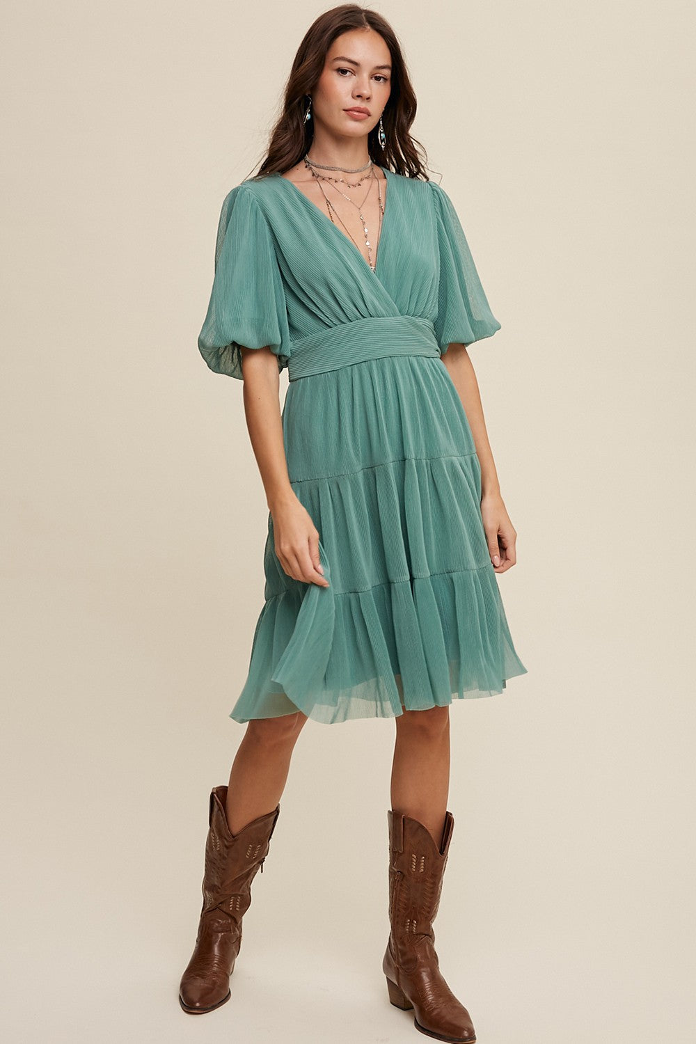 Sea Glass Pleated Mesh V-Neck Puff Sleeve Tiered Dress