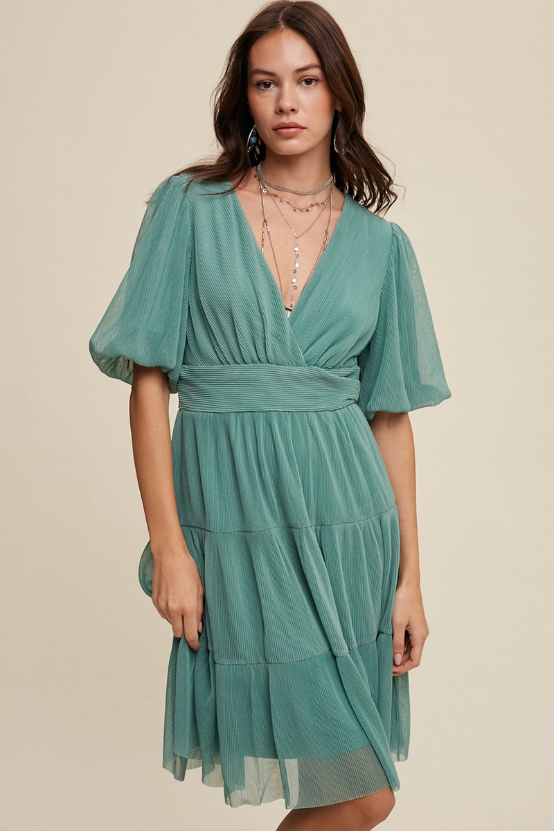 Sea Glass Pleated Mesh V-Neck Puff Sleeve Tiered Dress