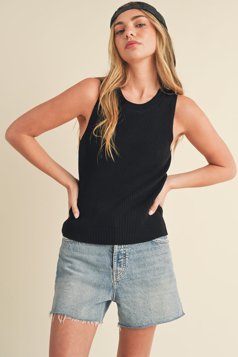 Aemi + Co Jadine Ribbed Round Neck Knit Tank - Black 3131DN