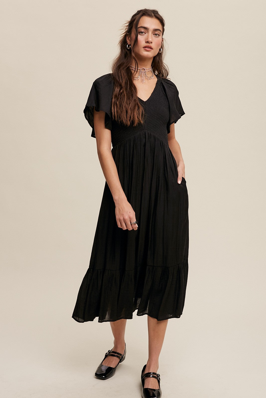 Smocked Flutter Sleeve Midi Dress - Black