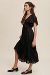 Smocked Flutter Sleeve Midi Dress - Black