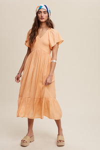 Smocked Flutter Sleeve Midi Dress - Apricot