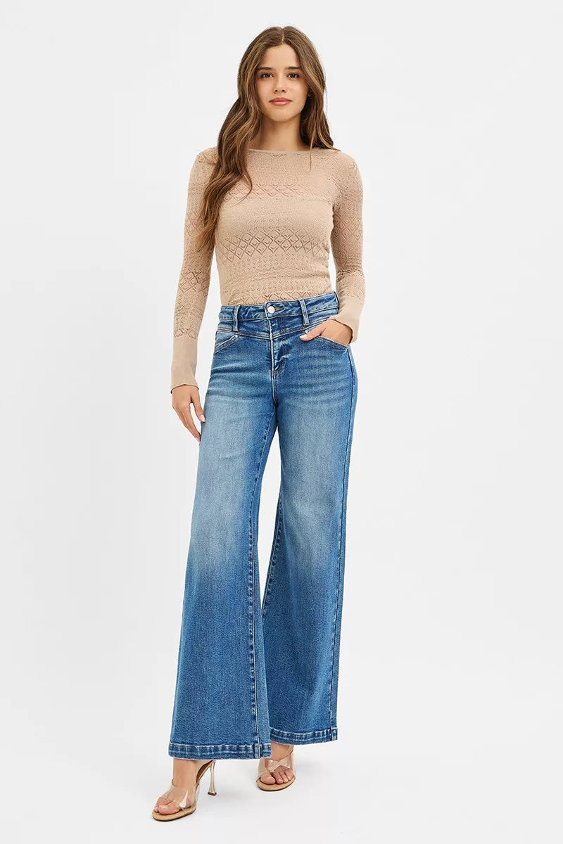 Risen High Rise Front Yoke Wide Leg Jeans w/ Heart Pockets
