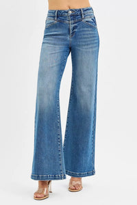 Risen High Rise Front Yoke Wide Leg Jeans w/ Heart Pockets