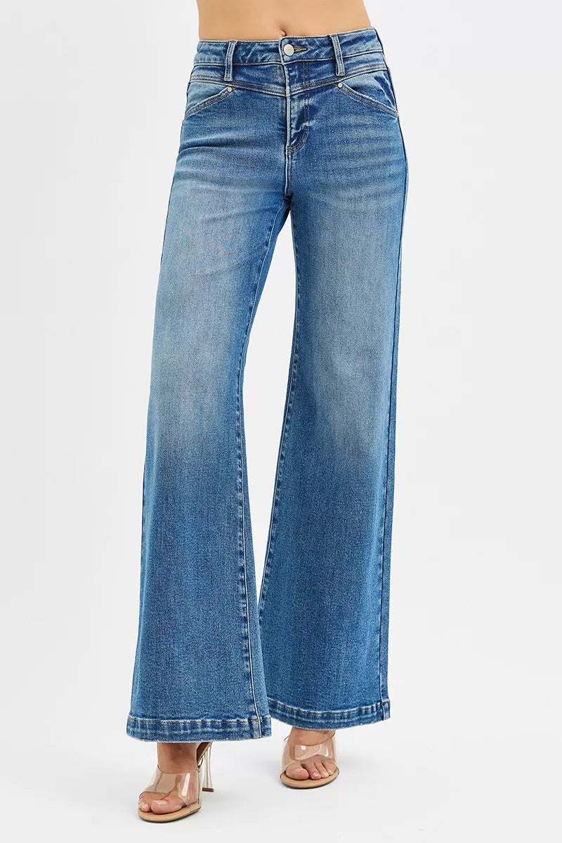 Risen High Rise Front Yoke Wide Leg Jeans w/ Heart Pockets