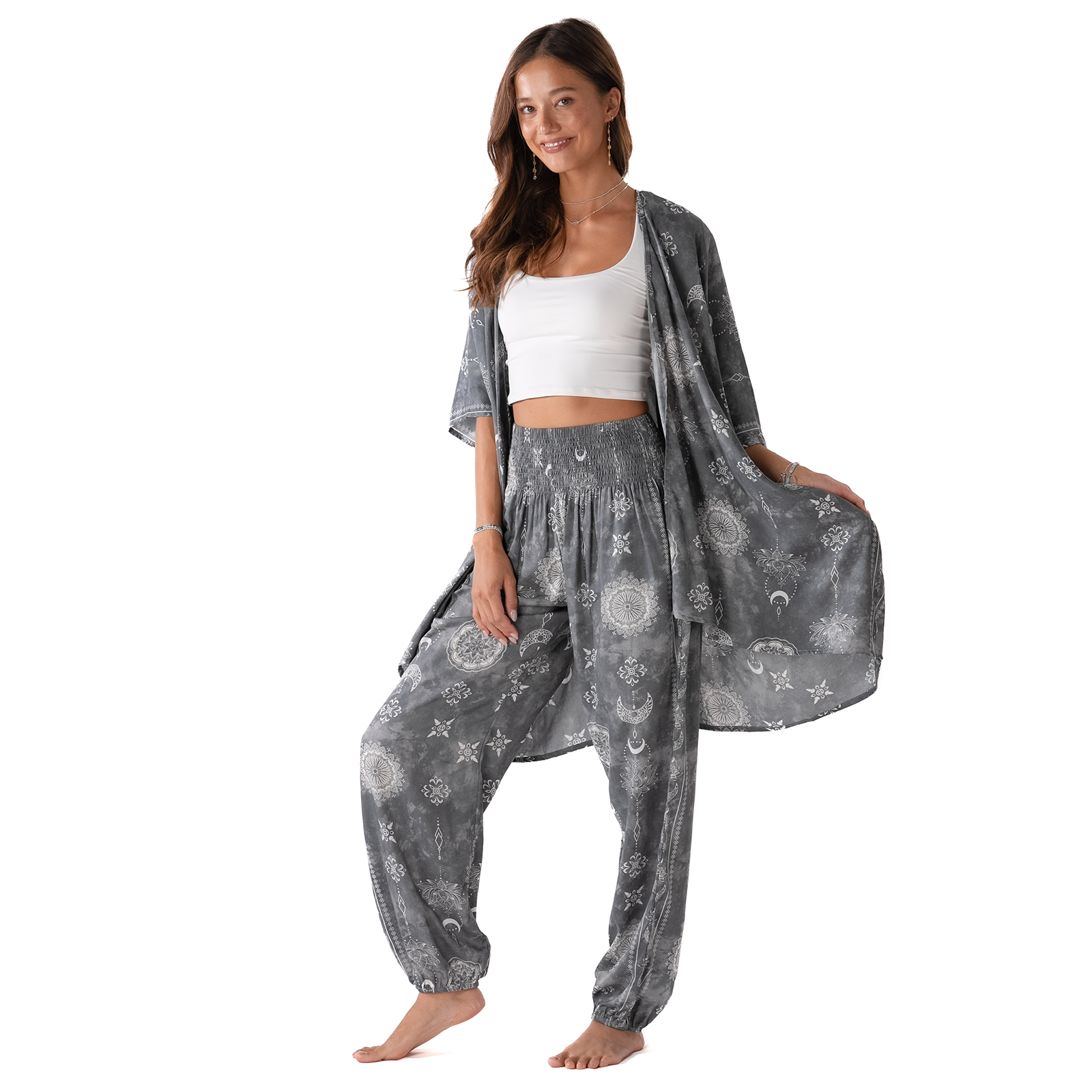 Lotus and Luna Celestial Grey Harem Pants & Kimono Lounge Set