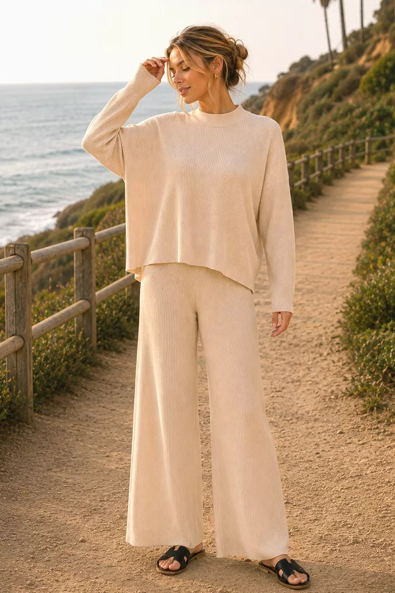 Viscose Sweater Knit Top &amp; Pants Two-Piece Set in Light Beige