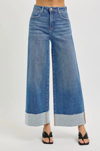 Risen High Rise Tummy Control Cuffed Wide Leg Jeans