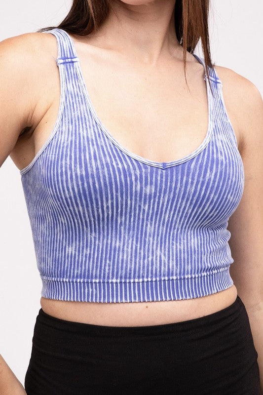 Mineral Wash Ribbed Cropped V-Neck Tank Top