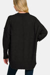 High-Low Hem Drop Shoulder Melange Sweater - Black