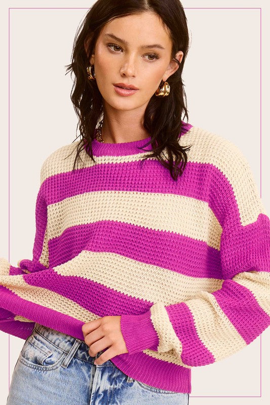 Striped Round Neck Waffle Knit Sweater