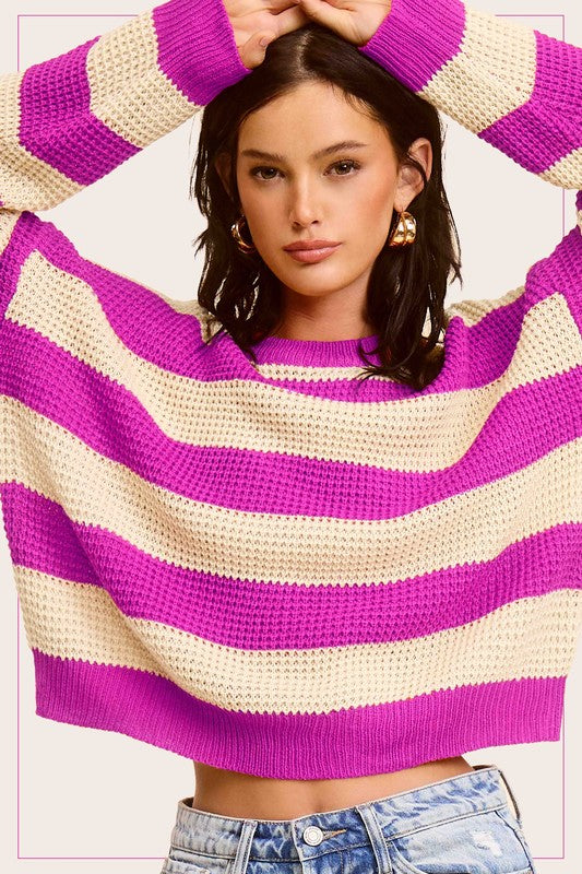 Striped Round Neck Waffle Knit Sweater