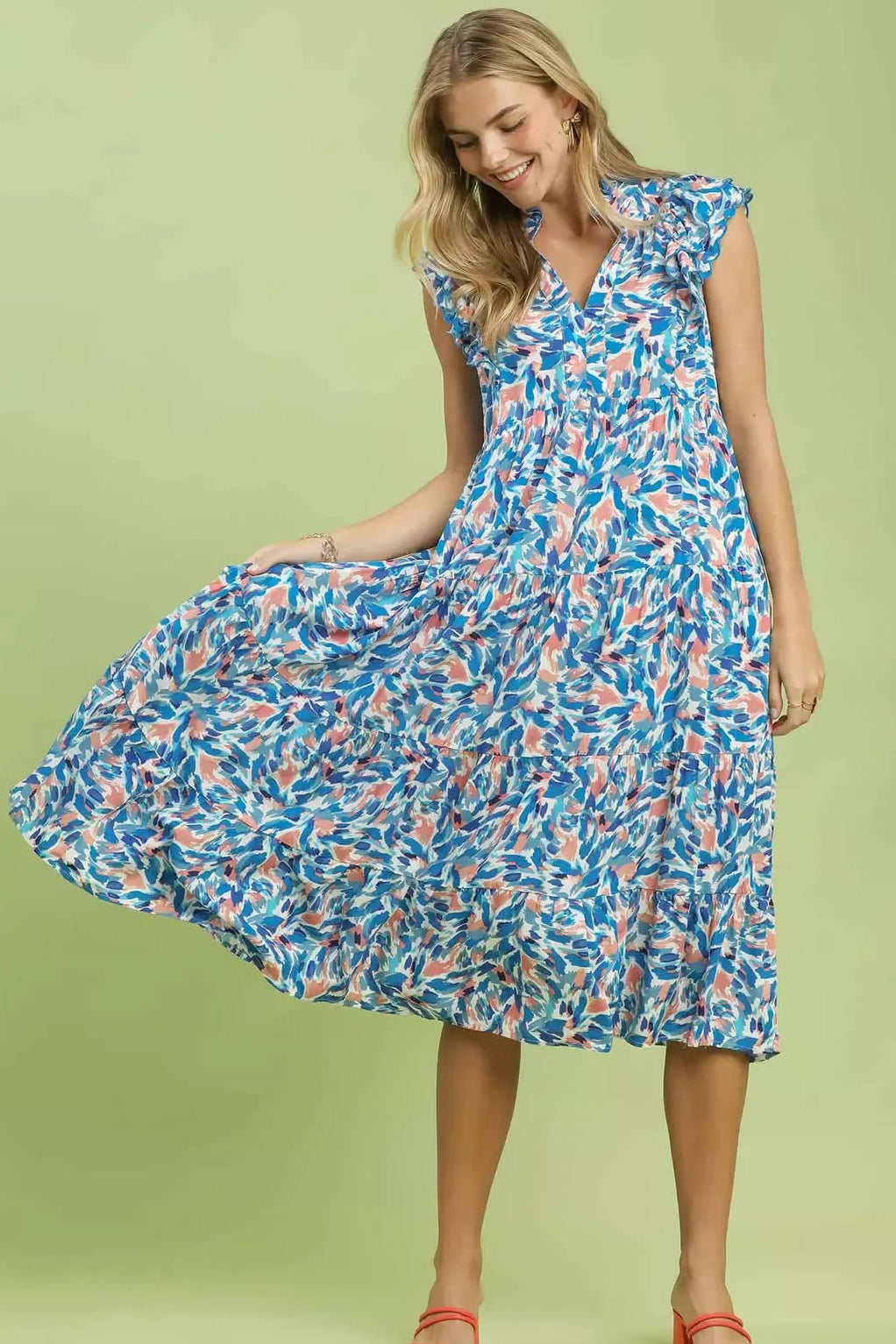 Umgee Leaf Print Midi Tiered Dress with Side Pockets