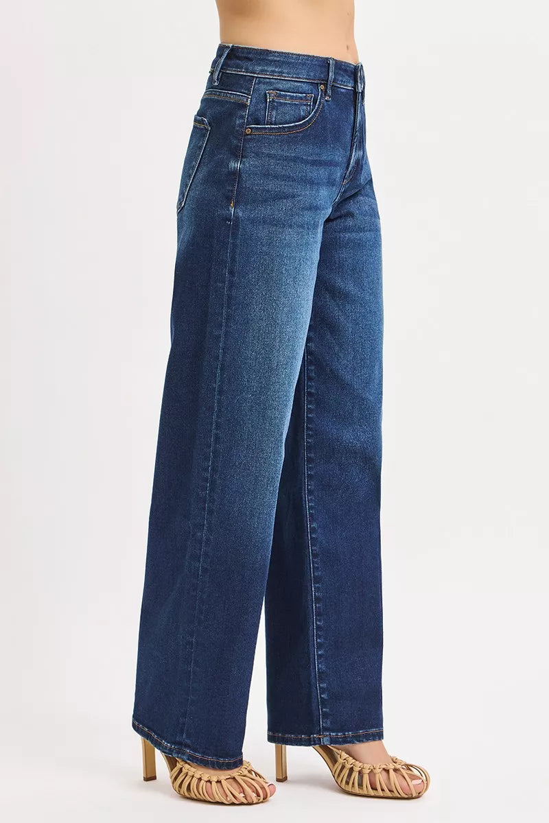 Risen Mid Rise Dark Wash Wide Baggy Jeans