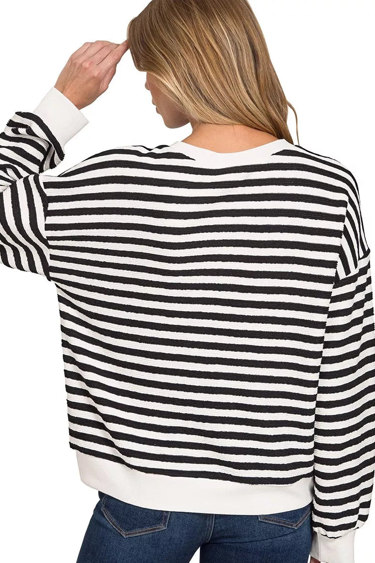 Zenana Striped Round Neck Sweatshirt