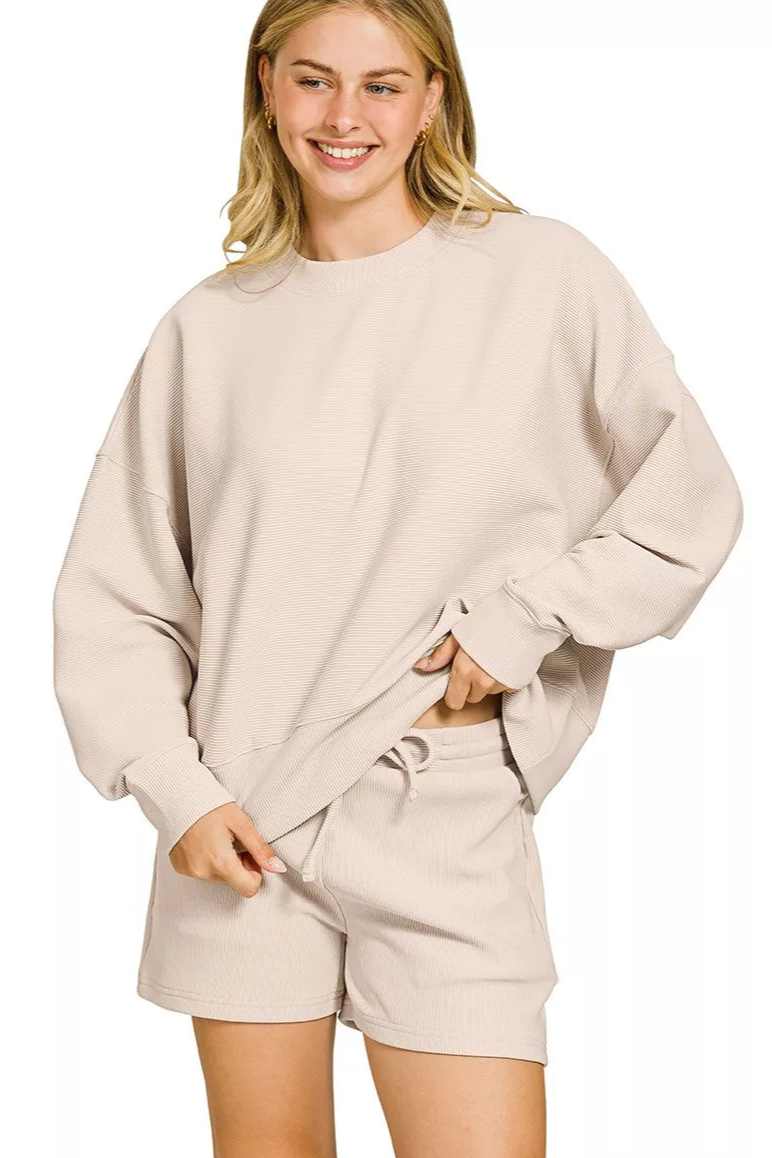 Ribbed Round Neck Pullover and Shorts Set in Sand Beige
