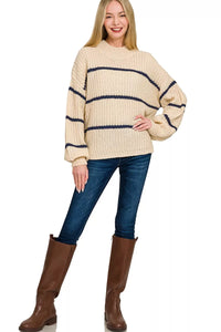 Zenana Oversize Striped Sweater in Taupe