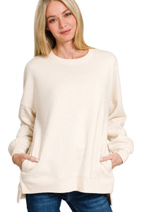 Zenana Fleece Hi-Low Boyfriend Sweatshirt with Pockets - Cream