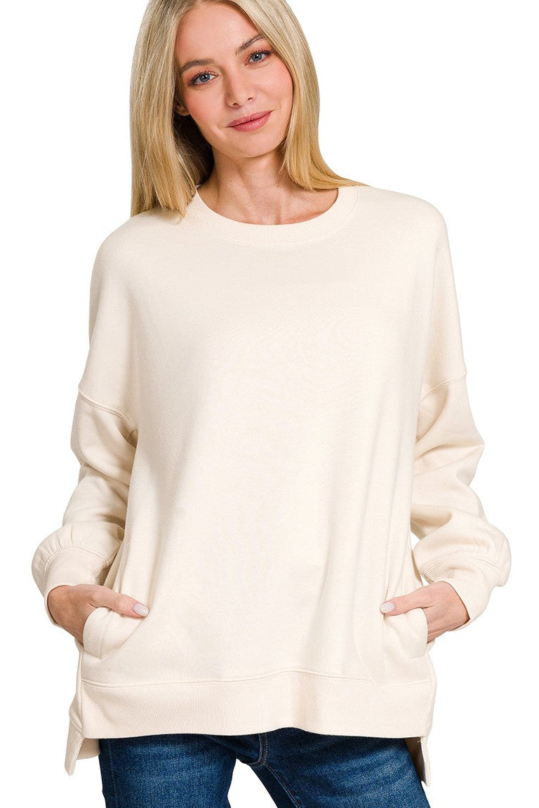 Zenana Fleece Hi-Low Boyfriend Sweatshirt with Pockets - Cream