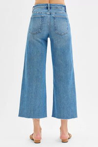 Risen Mid Rise Tummy Control Crop Wide Leg Front Slit Jeans