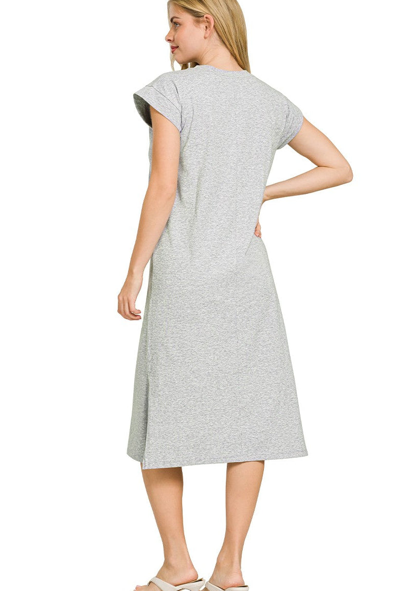 Zenana Round Neck Short Sleeve Midi Dress in Heather Grey