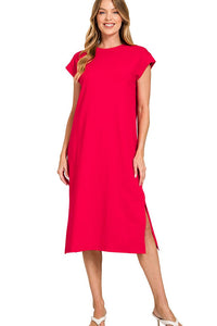 Zenana Round Neck Short Sleeve Midi Dress in Ruby