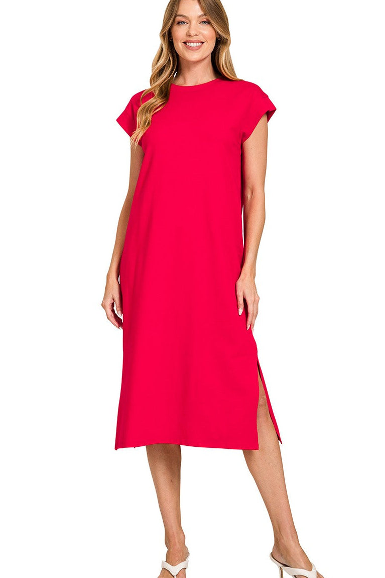 Zenana Round Neck Short Sleeve Midi Dress in Ruby