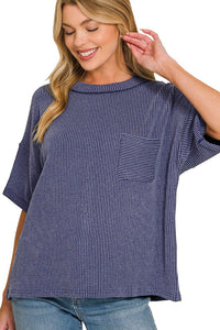 Zenana Raised Rib Short Sleeve Front Pocket Tee in Navy