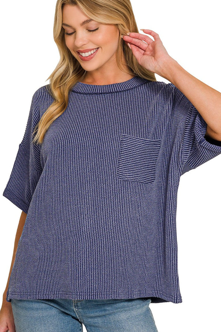 Zenana Raised Rib Short Sleeve Front Pocket Tee in Navy