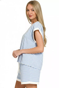 Zenana Stripe Contrast Trim Top & Shorts Set in Cornflower Blue