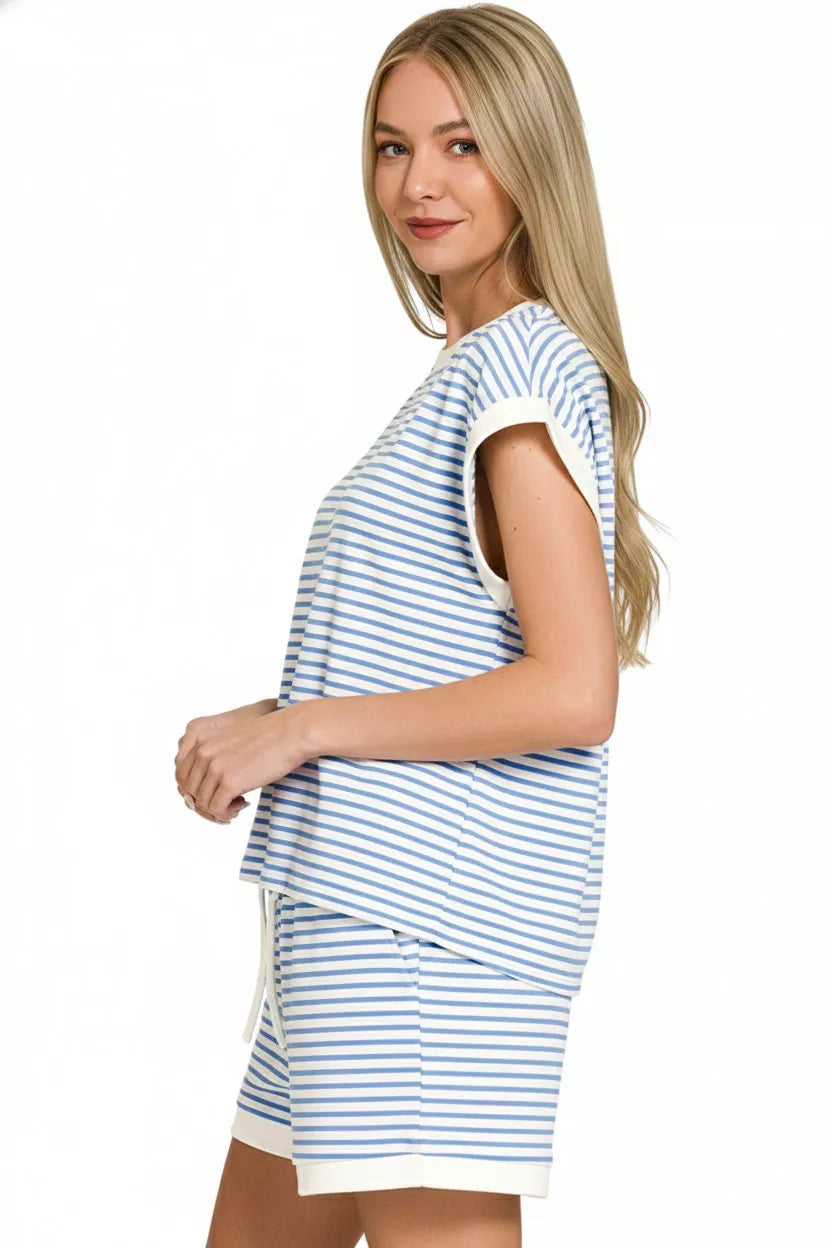 Zenana Stripe Contrast Trim Top & Shorts Set in Cornflower Blue