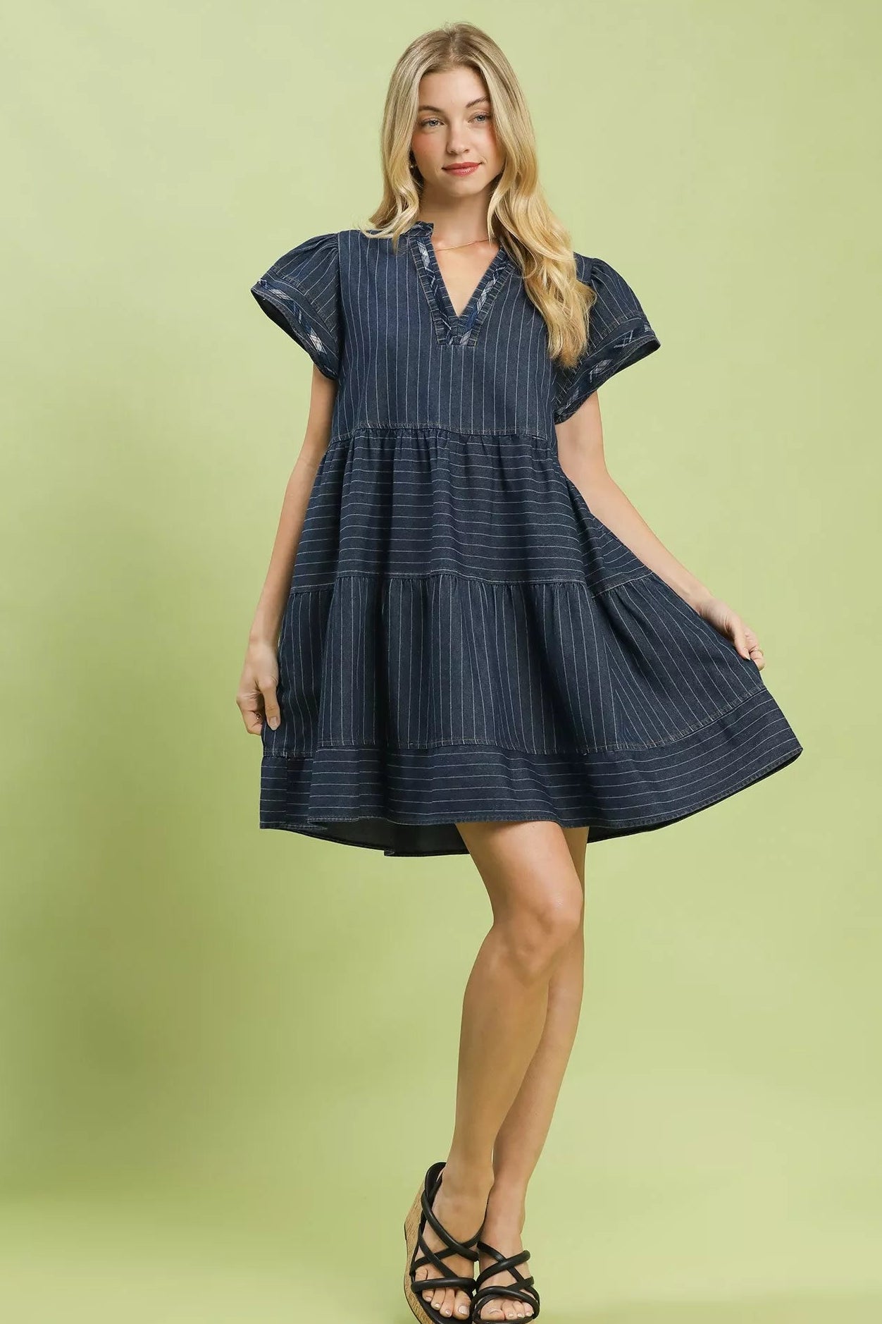 Umgee Chambray Tiered Babydoll Dress in Dark Denim