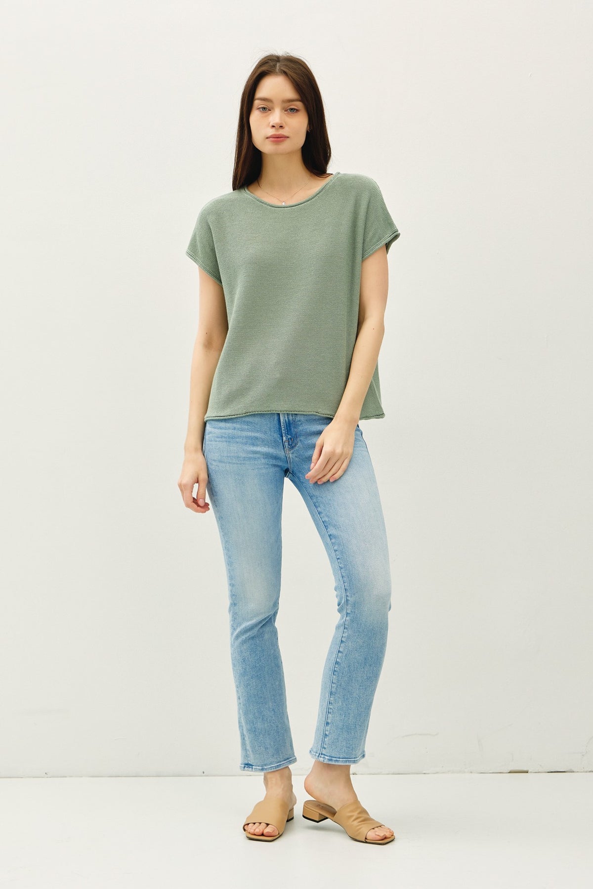 Be Cool Sage Boxy Short Sleeve Sweater Knit Top