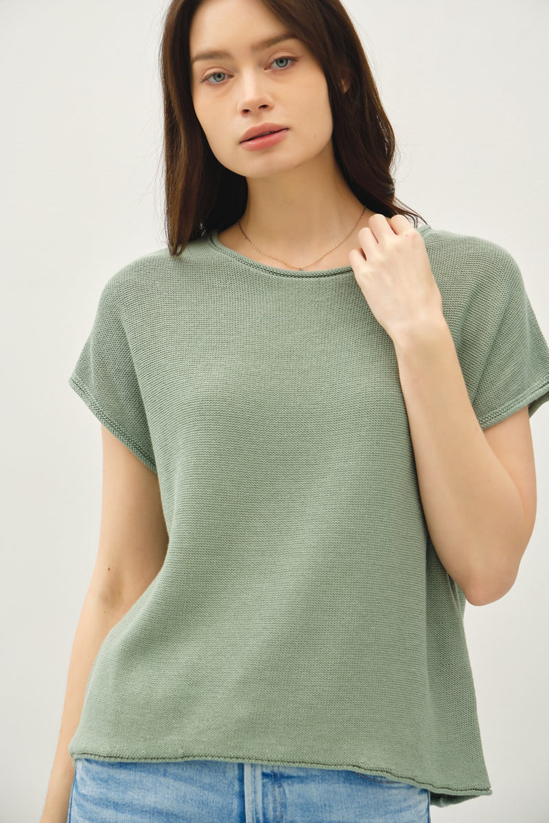 Be Cool Sage Boxy Short Sleeve Sweater Knit Top