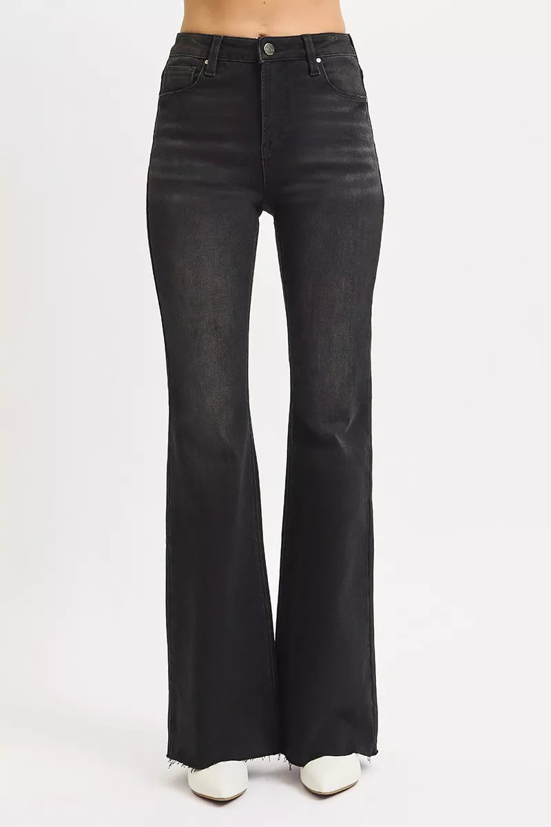 Risen High Rise Black Denim Flare Jeans