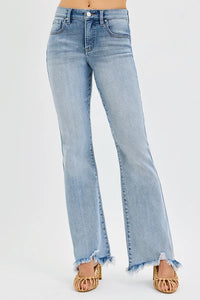 Risen Mid Rise Tummy Control Frayed Hem Flare Jeans