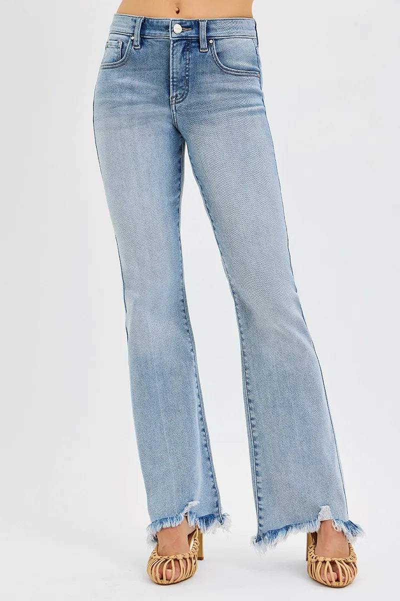 Risen Mid Rise Tummy Control Frayed Hem Flare Jeans