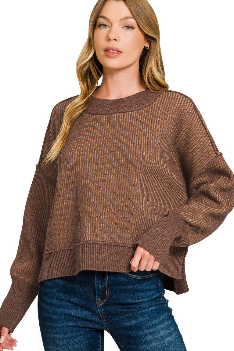 Zenana Ribbed Exposed Seam Two Tone Sweater TW-2627Y