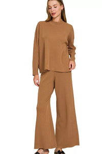 Zenana Viscose Sweater Knit Top & Pants Two-Piece Set in Deep Camel