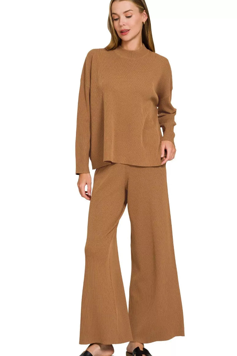 Zenana Viscose Sweater Knit Top & Pants Two-Piece Set in Deep Camel